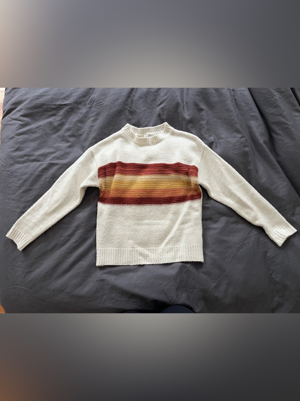 Cream sweater with maroon, yellow, orange horizontal chest stripe XS